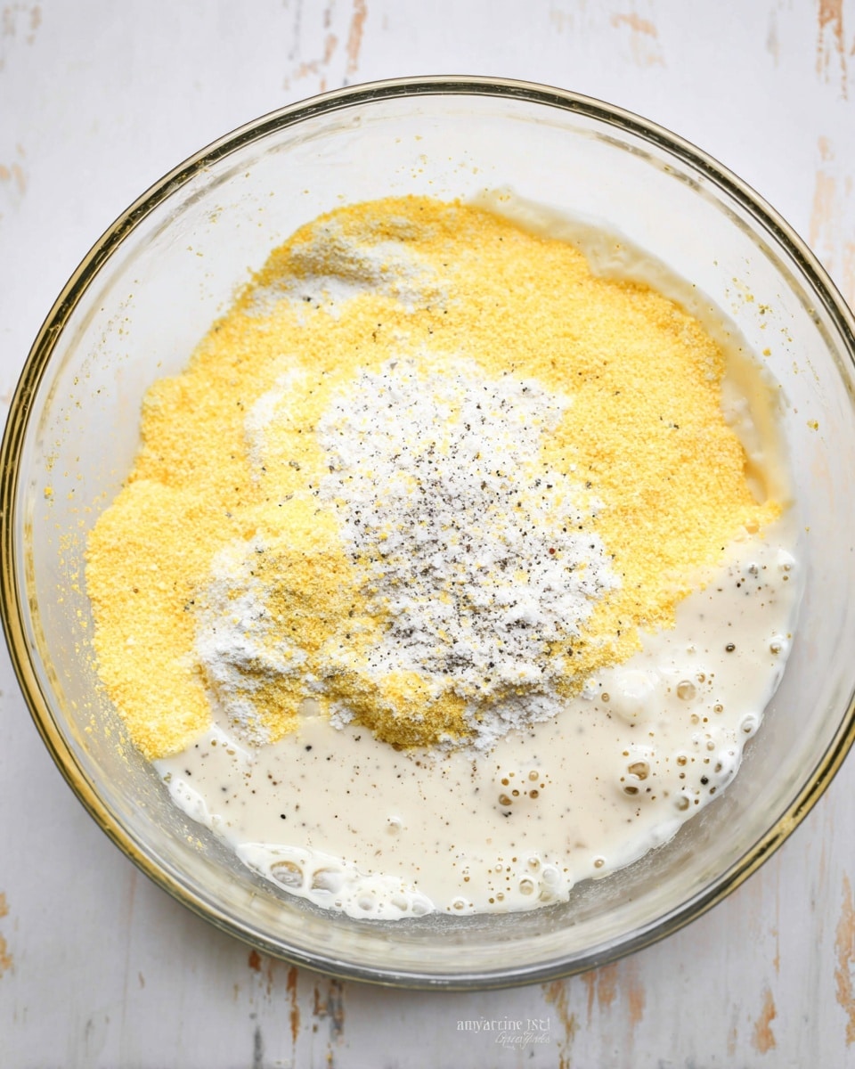 A clear glass bowl sits on a white marbled surface, holding several layers of dry and wet ingredients. The bottom layer is a mix of bright yellow cornmeal and white flour, with some black specks of pepper scattered on top. A creamy, pale liquid, possibly milk or buttermilk, partially soaks the dry ingredients, creating small bubbles and a slightly textured surface. The colors contrast with the clear bowl and the white marbled background. The scene focuses closely on the mixture before any stirring happens. photo taken with an iphone --ar 4:5 --v 7