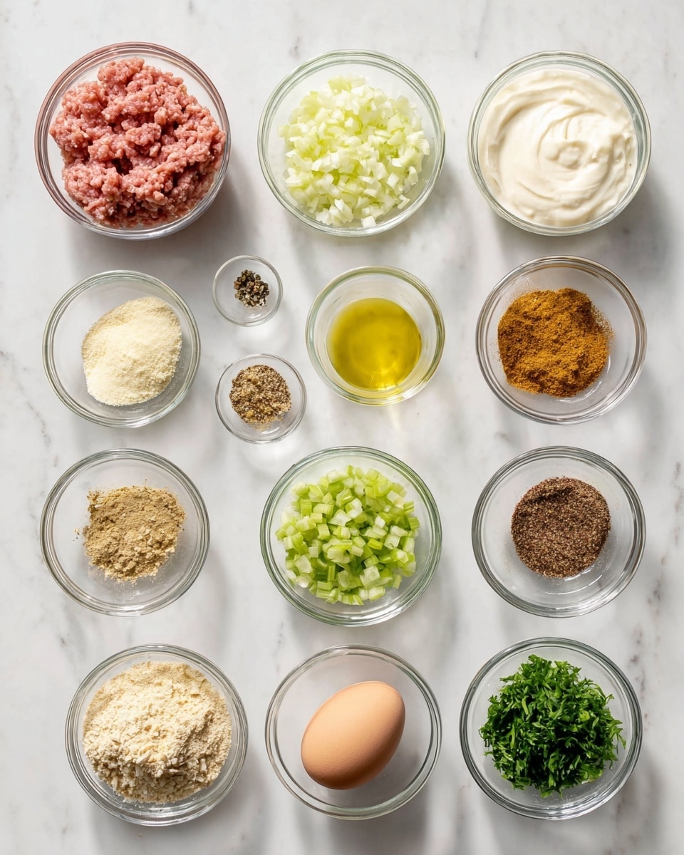 The image shows 13 small glass bowls arranged on a white marbled surface, each containing different ingredients. From left to right, top row: a bowl with pink ground meat, finely chopped white garlic, light yellow lemon juice, and creamy white yogurt. Second row: golden brown spice powder, white salt, light yellow oil, black pepper, and dark brown spice powder. Bottom row: small chopped light green celery, beige breadcrumbs, a brown egg, and chopped bright green herbs. All ingredients are clearly visible and neatly placed in transparent bowls, creating a clean and organized look. Photo taken with an iphone --ar 4:5 --v 7