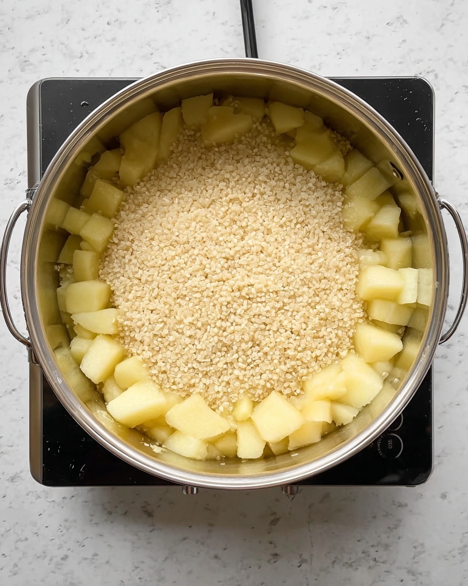 A metal pot with a silver inside and shiny surface is filled with two layers of food. The bottom layer is chunky pieces of pale yellow potatoes arranged around the edges of the pot. On top of the potatoes is a thick layer of small, light beige grains of rice, covering the center completely. The pot is placed on a black stove with a white cord visible in the background, and the whole setup is on a white marbled surface. photo taken with an iphone --ar 4:5 --v 7