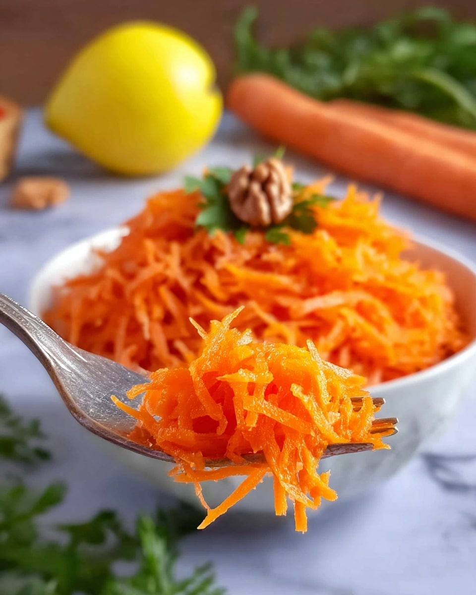 The image shows a close-up of a silver fork holding a pile of bright orange shredded carrots, placed in front of a white bowl filled with more shredded carrots. The bowl's surface is topped with a small garnish of green herbs and two brown nuts in the center. In the background, there are two whole yellow apples, two whole carrots, and some green leafy herbs. The setting is on a white marbled surface, giving a clean and fresh look. photo taken with an iphone --ar 4:5 --v 7