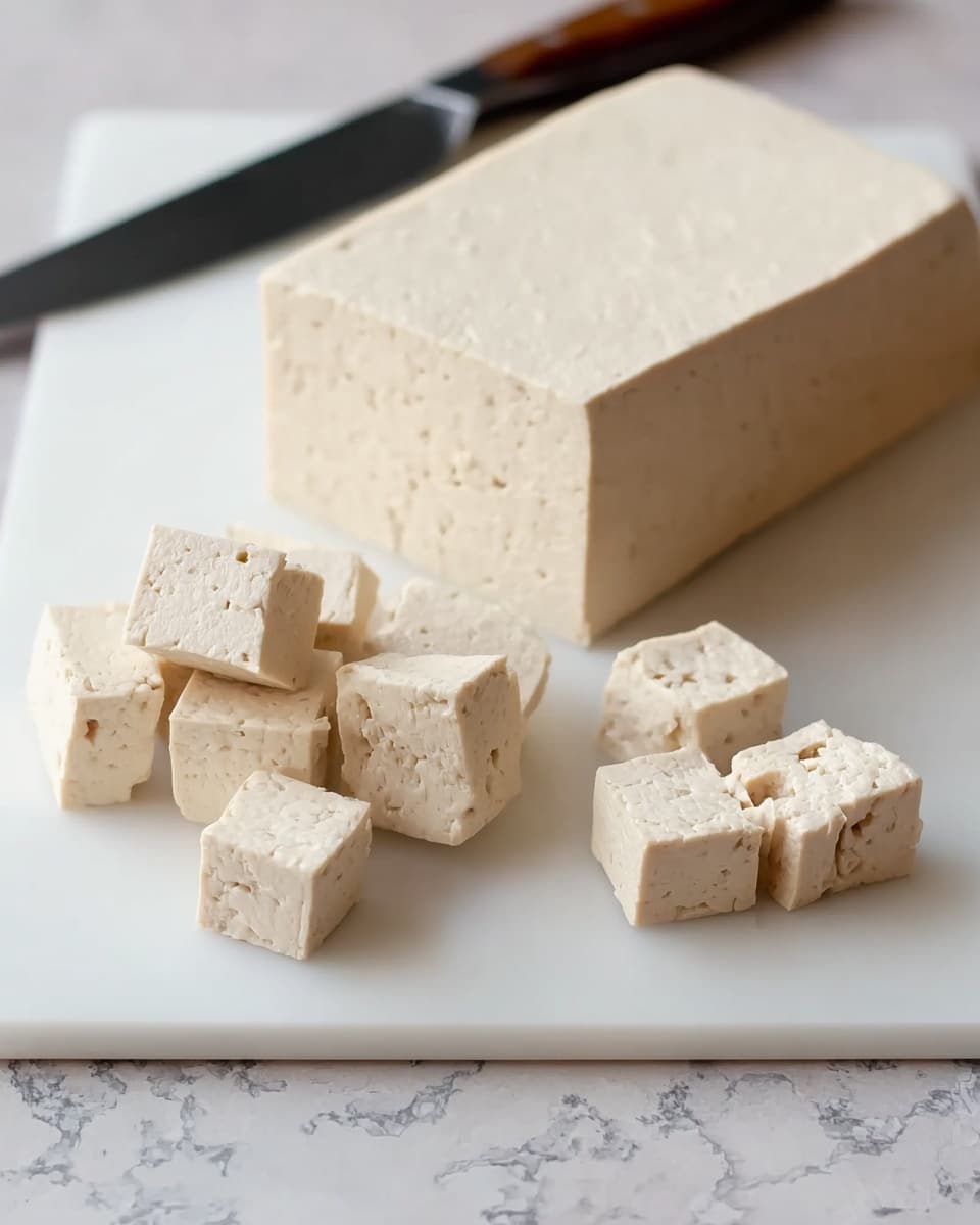 The image shows a block of light beige tofu on a white cutting board with a few small cubes of tofu cut and placed in front of the block. The tofu has a smooth texture with some small holes. Behind the tofu, there is a knife with a black handle laying on the white cutting board. The surface under the cutting board has a white marbled texture. Photo taken with an iphone --ar 4:5 --v 7