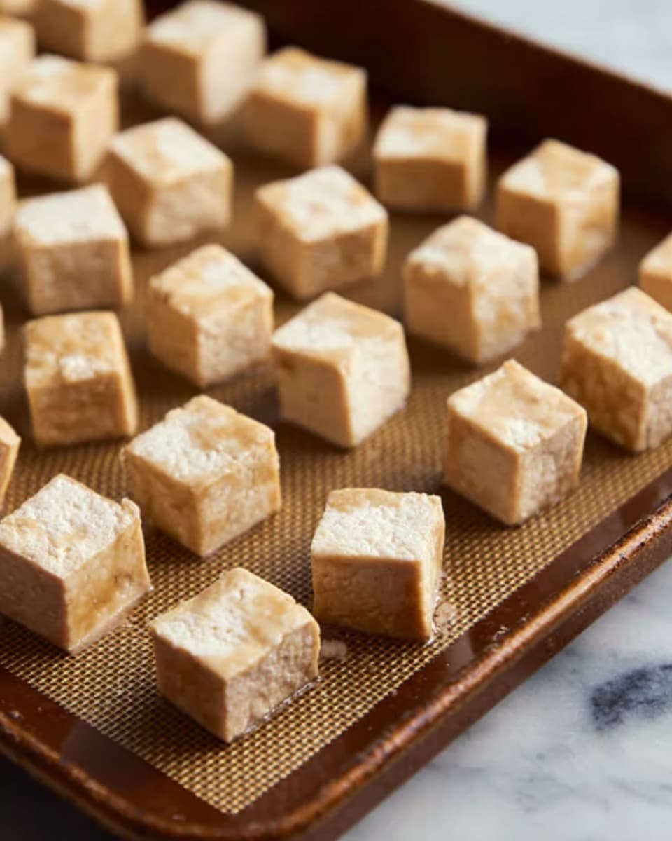 The image shows many small, light brown cubes of tofu arranged in neat rows on a brown baking tray liner, which has a textured surface. Each tofu cube has a slightly glossy and smooth appearance, with some showing crisp edges and a slightly uneven skin on top. The baking tray is placed on a white marbled surface that is visible around the edges. The lighting highlights the tofu cubes, making them look fresh and ready to be cooked. photo taken with an iphone --ar 4:5 --v 7