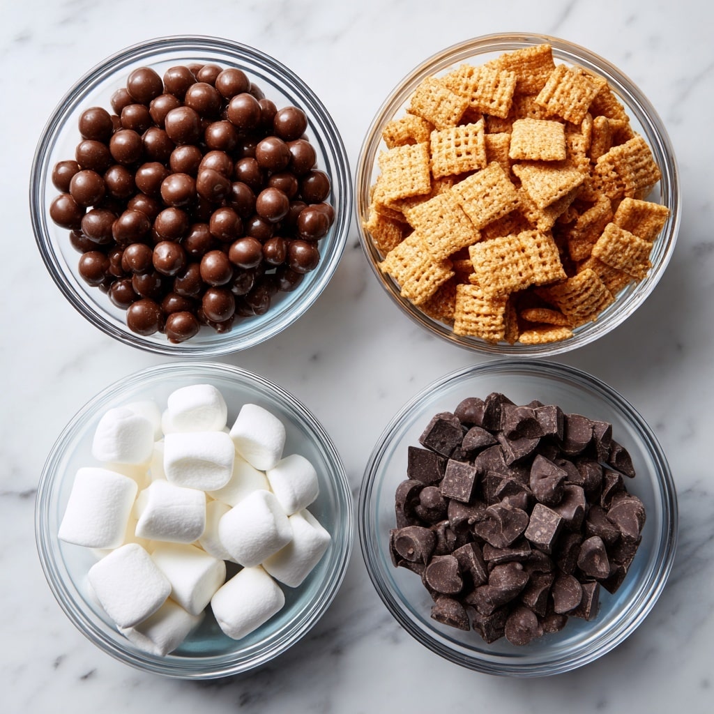 Four clear glass bowls sit on a white marbled surface, each filled with a different ingredient. The top left bowl holds shiny, round, chocolate-colored coco puffs, densely packed. To the right, a larger bowl contains golden-brown square-shaped graham cereal pieces with a textured surface. Below the coco puffs, a bowl is filled with soft, white mini marshmallows that have a smooth, rounded shape. At the bottom right, a bowl contains small, dark brown, glossy chocolate chips with a slightly teardrop shape. The bowls are arranged in a loose square with even spacing. photo taken with an iphone --ar 4:5 --v 7