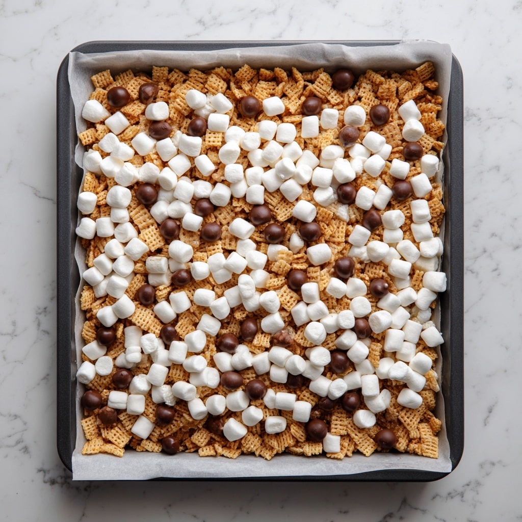 The image shows a large baking tray filled with a mix of three layers of dry ingredients. The bottom layer is made of square and ridged light brown cereal pieces spread evenly across the tray. The middle layer has small round chocolate-colored cereal balls scattered evenly on top of the first layer. The top layer consists of plenty of small white marshmallows spread over the cereal mix, giving a soft and puffy texture contrast. The tray is lined with parchment paper and rests on a white marbled surface. photo taken with an iphone --ar 4:5 --v 7