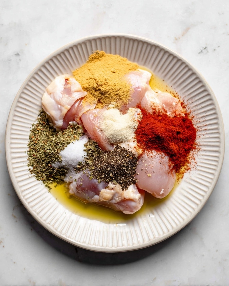 A white ridged plate holds five raw chicken pieces placed close together in the center. Over the chicken, there are six piles of dry spices and herbs: pale yellow powder in two spots on the top right and center right, a bright red powder on the bottom right, coarse black pepper in the middle, white salt slightly above the pepper, and green leafy dried herbs on the bottom left. The plate also has a layer of golden olive oil surrounding the chicken and spices. The plate is on a white marbled surface. photo taken with an iphone --ar 4:5 --v 7