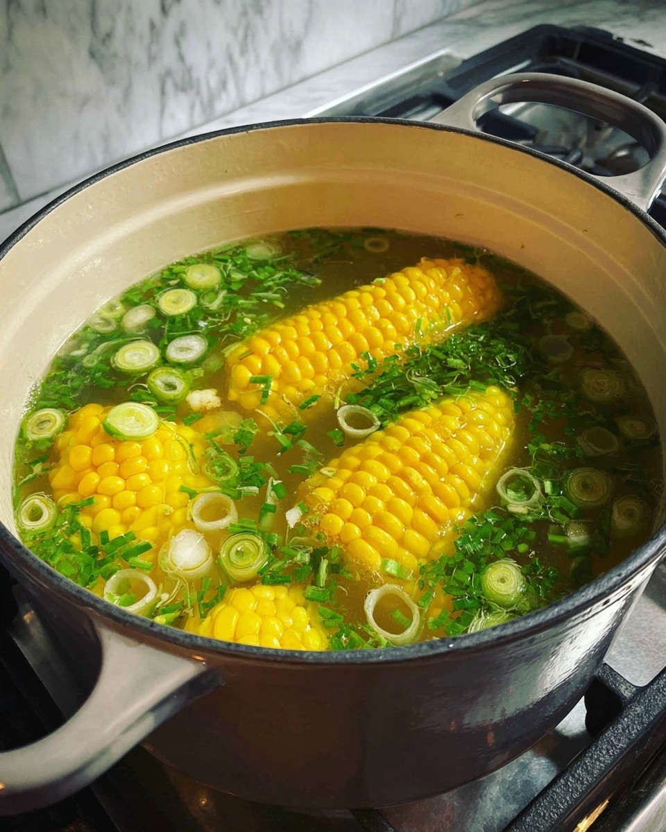 Inside a large white enamel pot with a dark handle, there is a light broth with three pieces of bright yellow corn on the cob partially submerged. On top of the broth, thin round slices of green onions float along with scattered green herbs that add a fresh touch. The pot sits on a stove with a white marbled texture visible in the background photo taken with an iphone --ar 4:5 --v 7