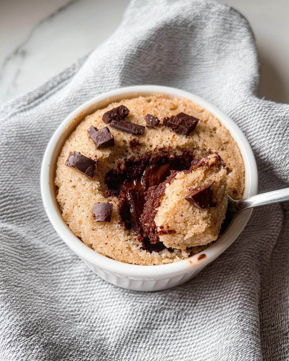 A white ramekin filled with a single thick layer of soft, light brown cake topped with scattered dark brown, melted chocolate chunks. The cake surface has a slightly cracked texture, showing gooey chocolate inside where a spoon has scooped a portion. A silver spoon holds a scoop of the cake with visible melted chocolate, coming from the right side of the ramekin. The ramekin sits on a cloth with gray and white stripes over a white marbled surface. The background wall is plain and light-colored. photo taken with an iphone --ar 4:5 --v 7