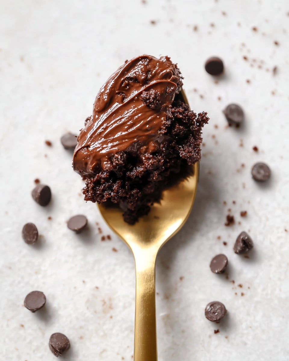 A golden spoon placed in the center holds a scoop of rich, dark chocolate with a smooth, shiny texture on top, layered over a crumbly, darker chocolate base. Around the spoon on a white marbled surface, several dark brown chocolate chips are scattered randomly. The image shows a close-up view with bright lighting that highlights the glossy chocolate and the different textures in the scoop. photo taken with an iphone --ar 4:5 --v 7