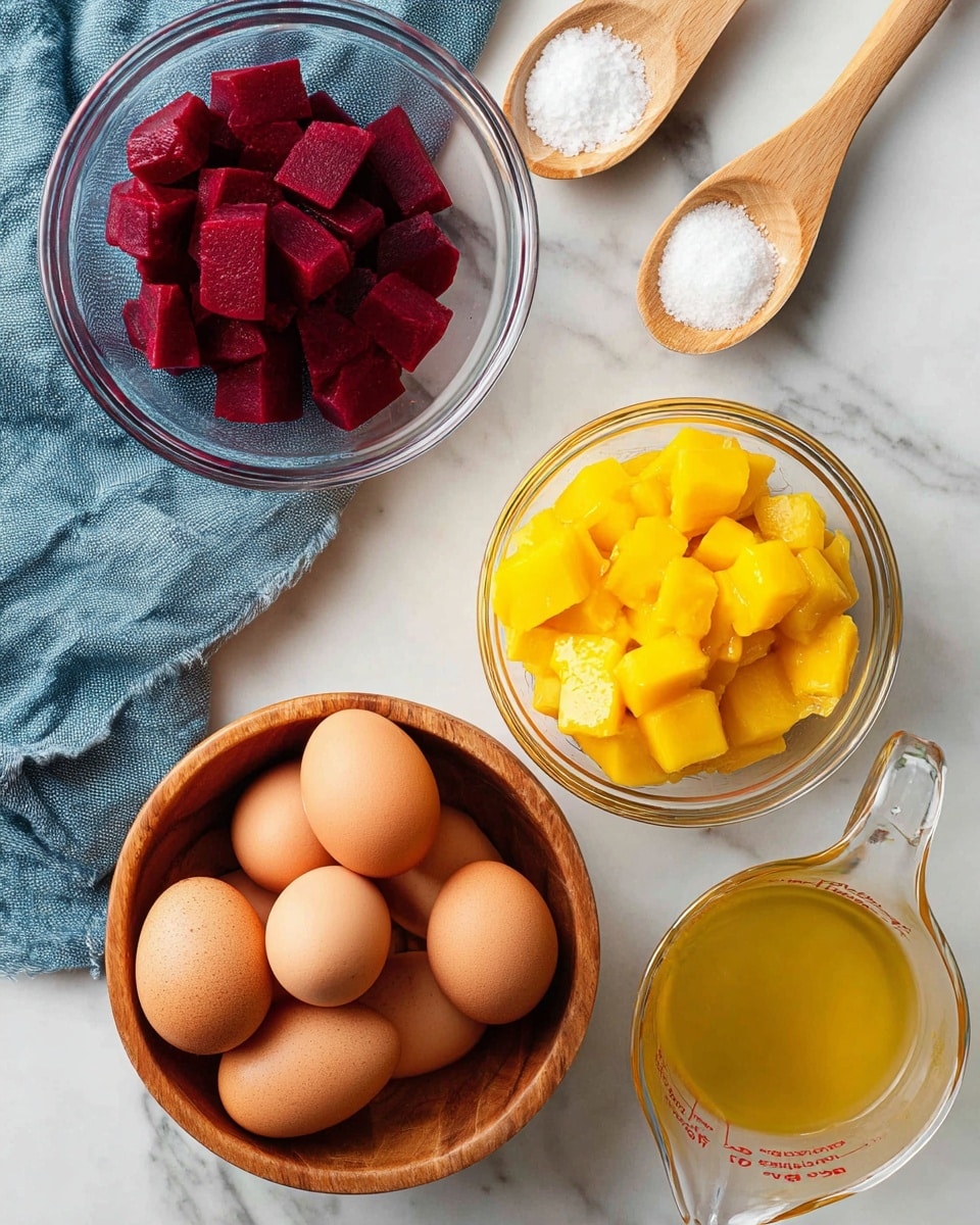 A top view of several small bowls and wooden spoons arranged on a white marbled surface. The top left bowl is clear glass filled with bright red beet cubes, while the bottom right clear glass bowl holds bright yellow mango cubes. A wooden bowl in the bottom left holds six brown eggs, with smooth shells. A clear glass measuring cup near the top right contains golden-yellow liquid, probably broth. Two wooden spoons filled with white salt rest near the bowls, one spoon above the measuring cup, the other near the bottom left corner alongside a blue cloth. photo taken with an iphone --ar 4:5 --v 7
