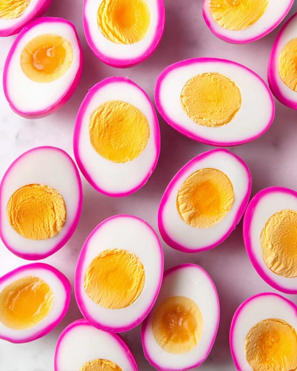 The image shows many halved eggs placed randomly on a white marbled surface. Each egg has three visible layers: the outer layer is a bright pink color with a smooth texture, the middle layer is white and clean, and the innermost layer is a solid yellow yolk with a slightly soft, smooth texture. The eggs are cut neatly showing the clear contrast between the pink outer layer, white middle, and yellow center. photo taken with an iphone --ar 4:5 --v 7