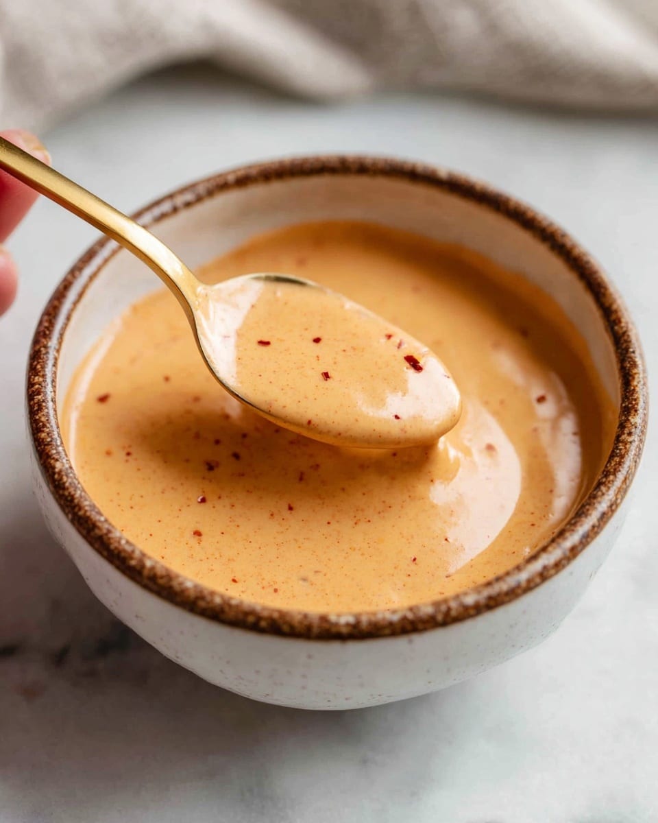 A close-up image of a small white bowl filled with a smooth light orange creamy sauce with tiny red specks, and a gold spoon lifting some of the sauce from the bowl, showing its thick texture. The bowl has a slightly rough brown rim and is placed on a white marbled surface. A woman's hand gently holds the edge of the bowl, with a soft blurred background. Photo taken with an iphone --ar 4:5 --v 7