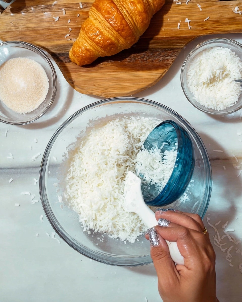 A woman's hand is using a white spatula to spread a thick, pale beige batter evenly inside a square baking tray with red measurement markings on the sides. Above the baking tray, there is a white wooden board with a round, golden-brown croissant placed in the middle. To the left of the croissant, there is a small white bowl filled with granulated white sugar, and to the right, a small clear glass bowl contains shredded white coconut. Some coconut flakes are scattered across the white marbled surface under the baking tray. The texture of the batter looks soft and slightly lumpy, showing that it is being smoothed out for baking. photo taken with an iphone --ar 4:5 --v 7