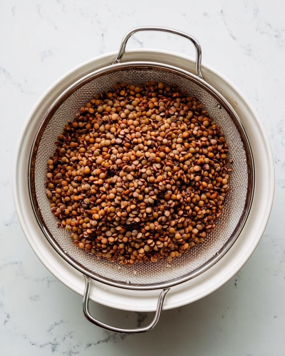 A white bowl sits on a white marbled surface with a white colander inside it, filled with cooked brown lentils. The lentils cover the colander evenly, showing a mix of lighter and darker brown colors with a soft texture. The colander has a metal rim and handles, with its fine mesh allowing some steam to pass through. The overall look is warm and earthy with simple kitchen tools and food. photo taken with an iphone --ar 4:5 --v 7