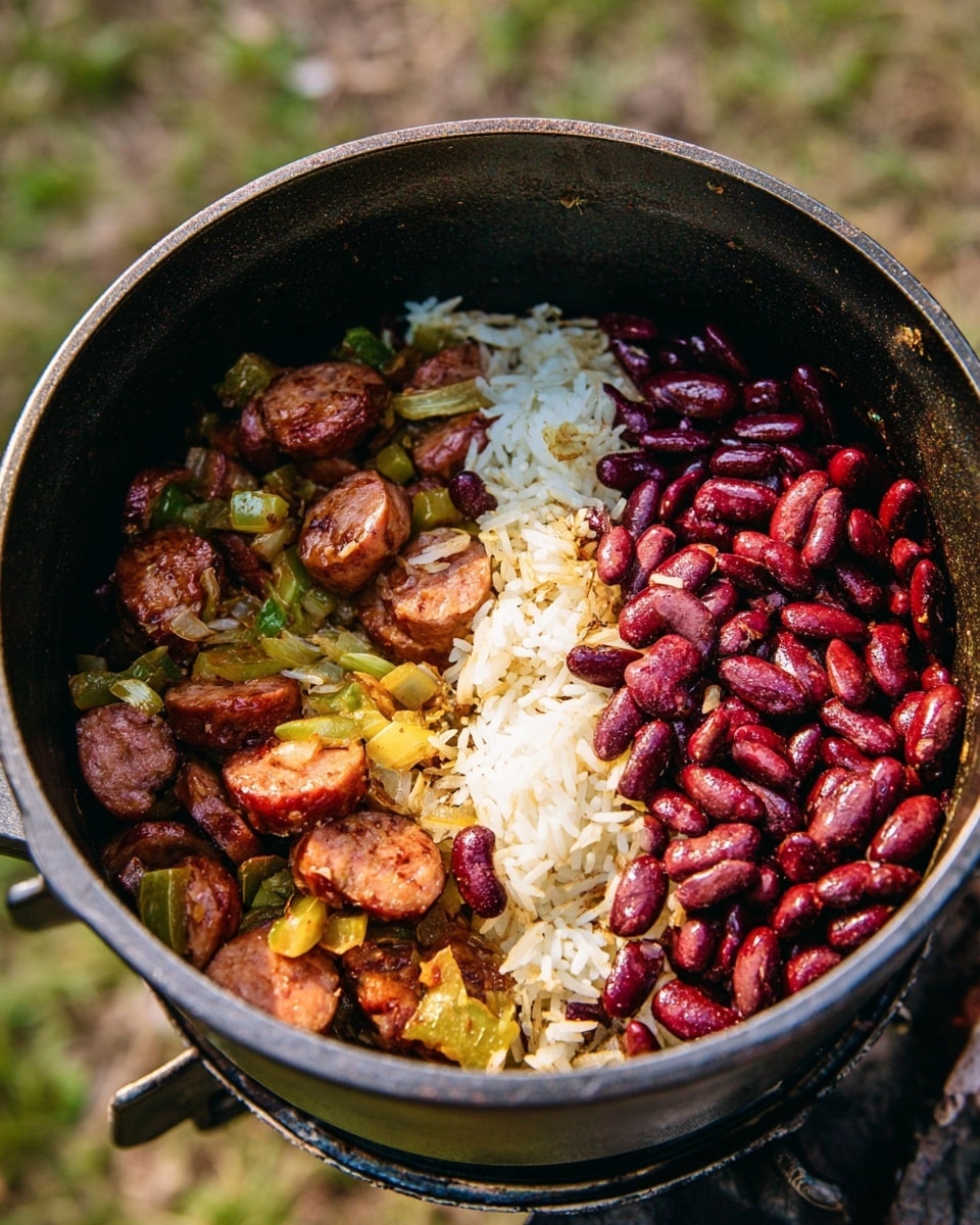 A black pot filled with three visible layers of food: on the left and bottom, there are round slices of browned sausage mixed with small pieces of green and yellow vegetables, in the middle lies a layer of dry white rice, and on the right side, a shiny pile of dark red kidney beans sits on top, all showing a contrast of colors and textures inside the pot, with a blurred green outdoor background, photo taken with an iphone --ar 4:5 --v 7