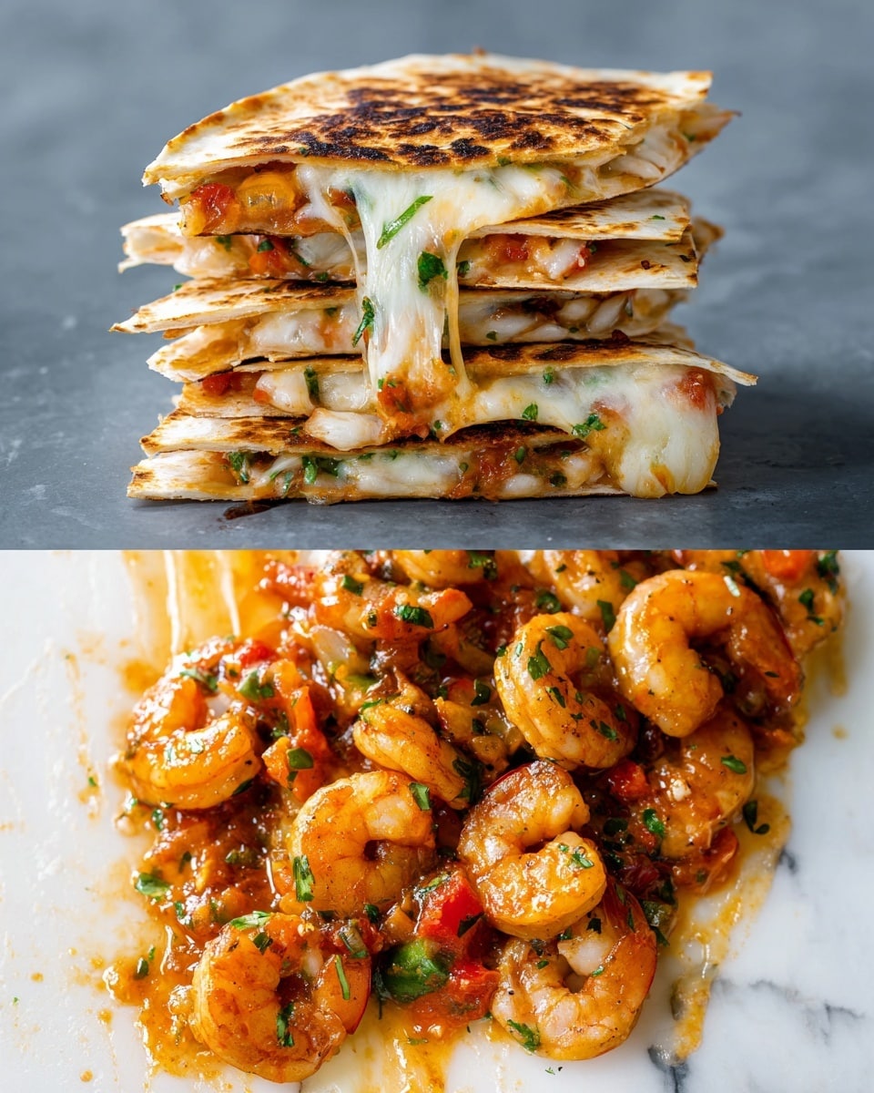 A tall stack of four folded quesadillas with crispy, lightly browned white tortillas forms the top and bottom layers, each filled with melted white cheese that stretches and oozes out around the edges. Between the tortillas, there are layers of plump orange shrimp and a mix of finely chopped red and green peppers, creating bursts of color. The filling looks juicy and slightly oily, with visible herbs and spices scattered between the layers. The stack sits on a white marbled surface with some sauce dripping down the sides, emphasizing its rich and cheesy texture. Photo taken with an iphone --ar 4:5 --v 7