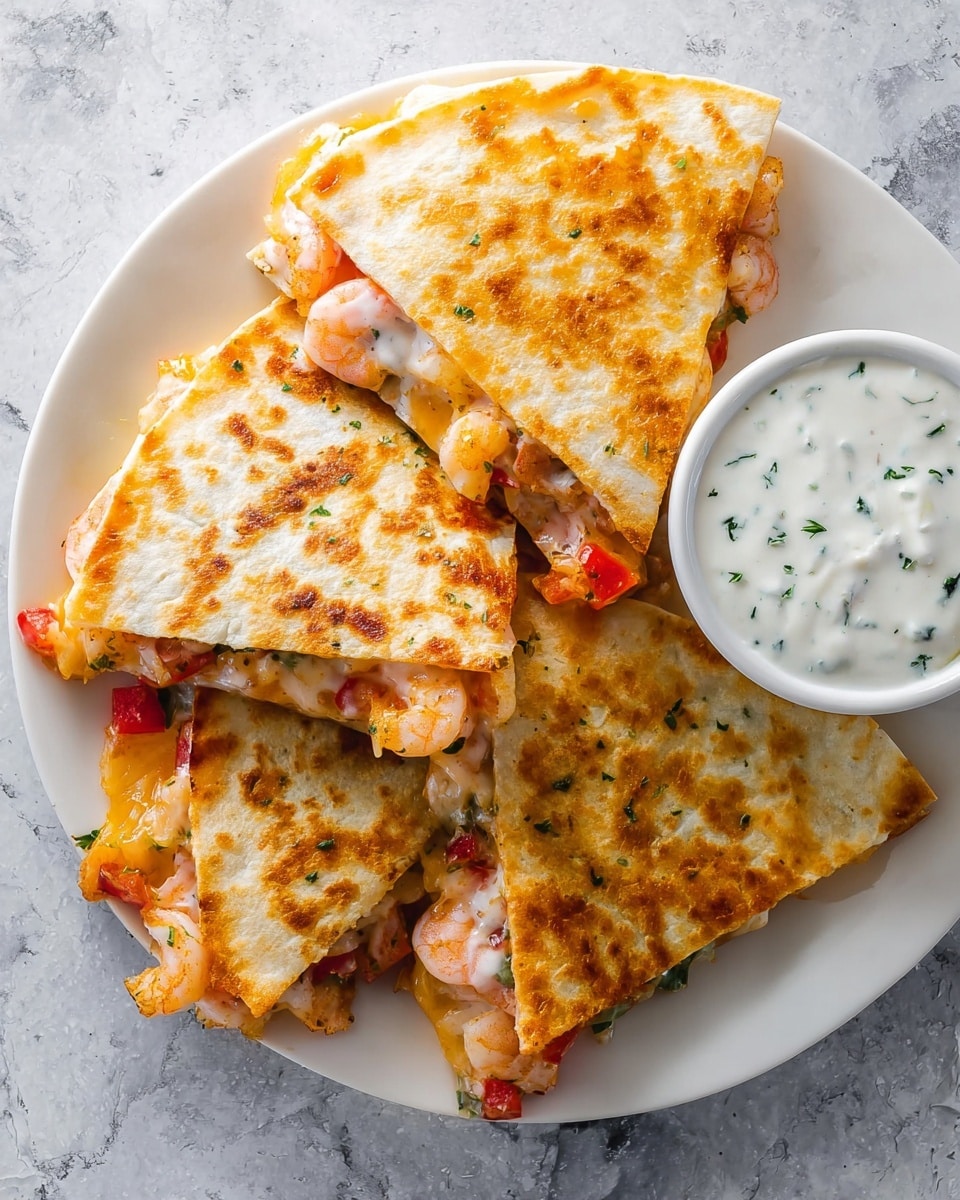 The image shows a white plate on a white marbled surface filled with four triangular pieces of quesadilla. Each quesadilla is golden brown and slightly crispy on the outside, made of two layers of tortilla with melted cheese, small cooked shrimp, and bits of red and green bell pepper visible inside. Some cheese and filling peek out from the edges. A small white bowl of creamy white sauce with green herbs is placed near the top right of the plate. The overall scene looks warm and inviting. photo taken with an iphone --ar 4:5 --v 7