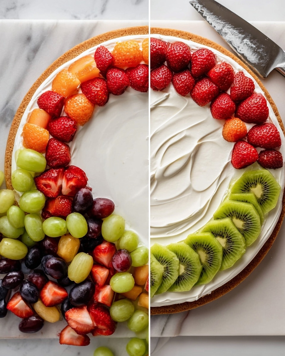 The image shows a round fruit pizza with three visible layers. The bottom layer is a light brown cookie crust. The middle layer is a thick, smooth white cream spread evenly over the crust. The top layer has fresh fruit slices arranged in a curved border along half of the pizza’s edge. The fruit includes red strawberry halves and green kiwi slices with visible seeds in the center. Next to the fruit pizza is a white marbled surface holding more fruit pieces, including strawberries, kiwi, and grapes. A woman's hand holding a knife with white cream on it is near the fruit pieces. Photo taken with an iphone --ar 4:5 --v 7