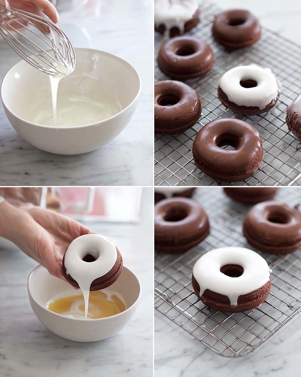 The image shows a process of glazing small chocolate doughnuts in four steps. In the first step, a whisk is lifted above a white bowl filled with a smooth white glazing liquid, with chocolate doughnuts cooling on a white marbled surface behind the bowl. The second step shows a woman's hand dipping a chocolate doughnut into the white glaze inside the bowl, partially coating it. In the third step, a woman's hand holds a chocolate doughnut fully covered with the white glaze that is dripping slightly from its surface. The fourth step displays several plain chocolate doughnuts and one glaze-coated doughnut resting on a wire rack over a white marbled surface, showing a glossy, smooth, white top layer over the dark chocolate doughnut base. Photo taken with an iphone --ar 4:5 --v 7