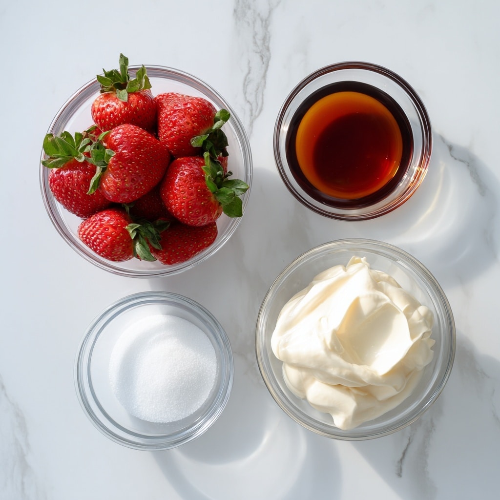 The image shows four clear glass bowls on a white marbled surface, each containing a different ingredient. The top left bowl is filled with bright red strawberries with green leafy tops, the top right has a small bowl with dark vanilla extract or syrup. The bottom left bowl holds white granulated sugar, and the bottom right bowl contains heavy cream that is pale and smooth. The bowls are neatly spaced apart with clear labels above each one. Photo taken with an iphone --ar 4:5 --v 7