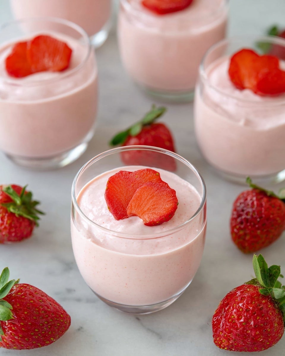 A clear glass cup filled about three-quarters with light pink strawberry mousse, showing a thick, creamy texture with tiny strawberry bits inside. On top of the mousse sits a bright red fresh strawberry with a green leafy top, partly submerged. A silver spoon filled with a scoop of the same pink mousse is held just above the cup by a woman's hand, ready to scoop more. Around the cup, there are whole fresh strawberries on a white marbled surface, creating a soft, fresh setting. Photo taken with an iphone --ar 4:5 --v 7