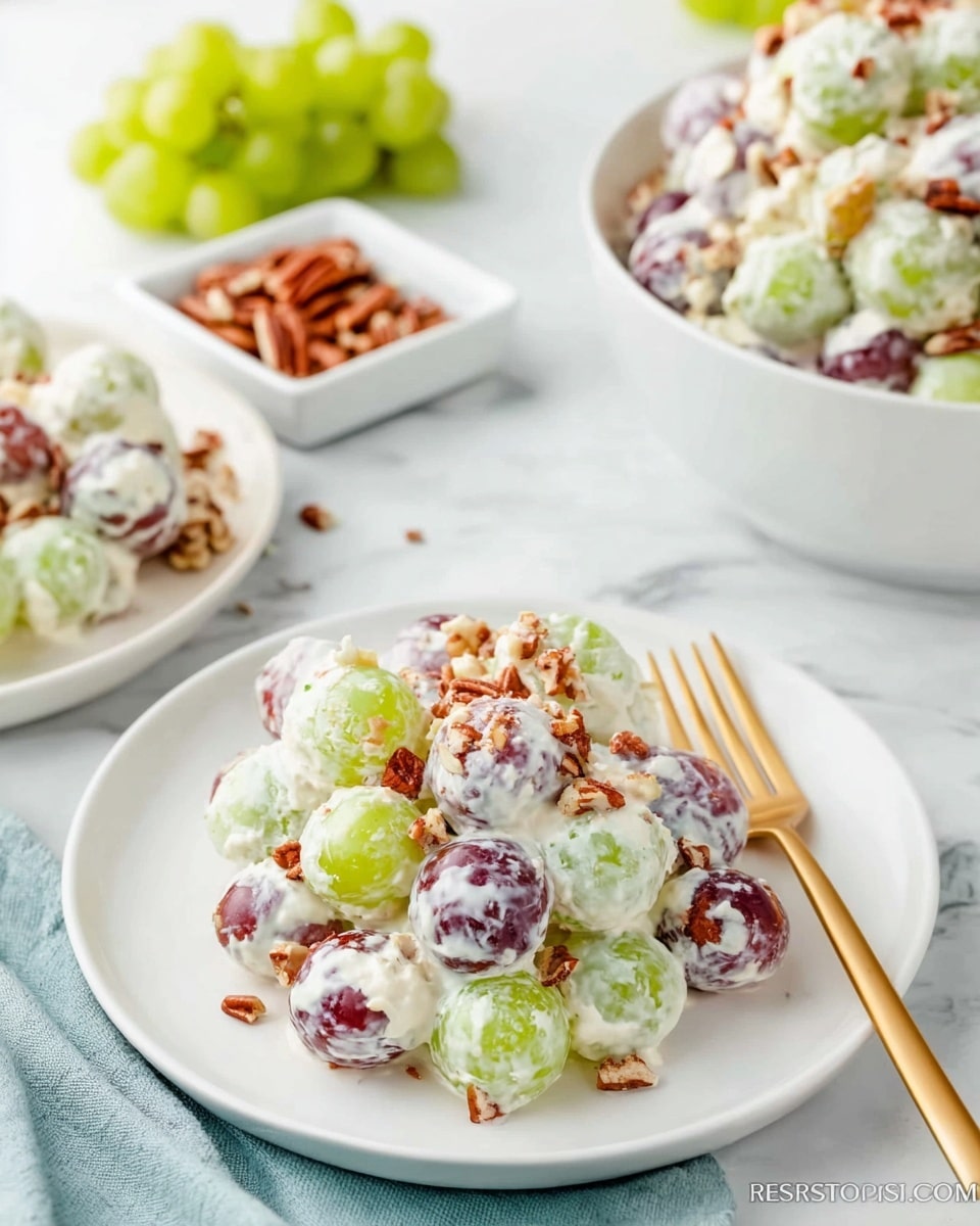 On the white plate in front, a heap of creamy fruit salad sits, made up of round green and purple grapes coated in a thick white dressing with a textured, slightly fluffy look. The salad is unevenly sprinkled with small, crunchy, brown pecan nuts giving a rough texture and contrast. A gold-colored fork rests beside the salad on the plate's right edge. In the background, a larger white bowl filled with more of the same fruit salad is partly visible on a white marbled surface, along with some loose green grapes and a small white square bowl filled with pecans. The scene is bright and clean with a fresh look. Photo taken with an iphone --ar 4:5 --v 7