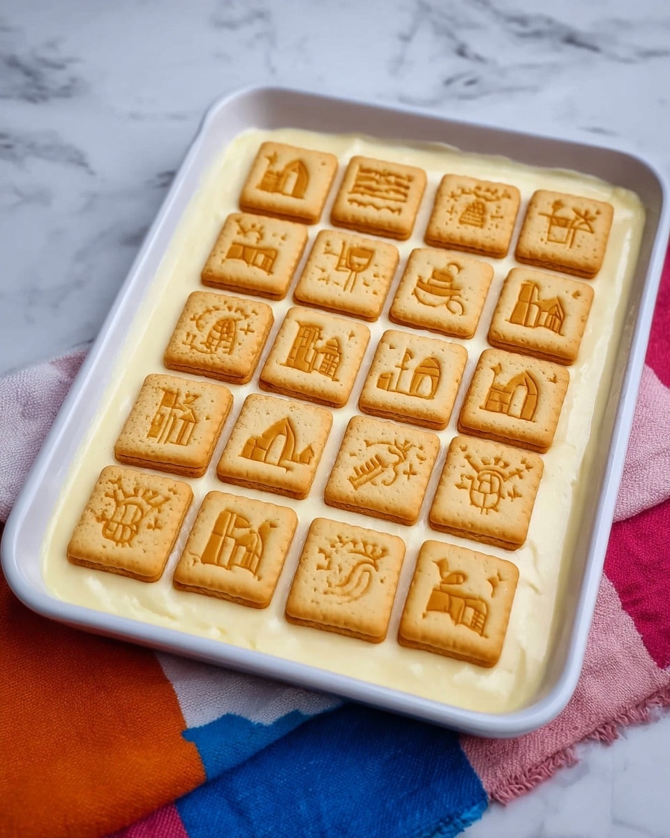 A rectangular white tray holds a dessert with two visible layers. The bottom layer is smooth and creamy, pale yellow in color, almost like custard or pudding, spread evenly across the tray. The top layer consists of 20 square biscuits arranged in a neat 5 by 4 grid. Each biscuit is golden-brown with a slightly toasted edge and has embossed small designs like houses, tulips, suns, and bees in darker brown shades. The tray is sitting on a white marbled surface next to a colorful cloth with blocks of blue, orange, red, and pink. photo taken with an iphone --ar 4:5 --v 7