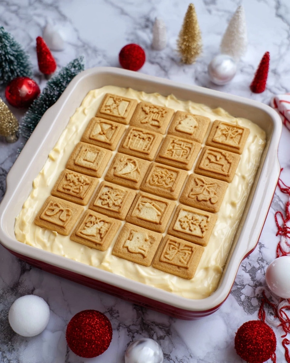 A white square dish filled with a thick, creamy layer of light beige pudding or custard spread evenly near the edges. On top of this layer, there are four rows and five columns of small toasted square cookies with golden brown Christmas-themed stamps, including wreaths, candy canes, holly, bells, and trees. The cookies are arranged closely to cover the pudding fully. The dish is placed on a white marbled surface, with some festive decorations around, such as small white and red felt balls and snowy pine tree miniatures. Photo taken with an iphone --ar 4:5 --v 7