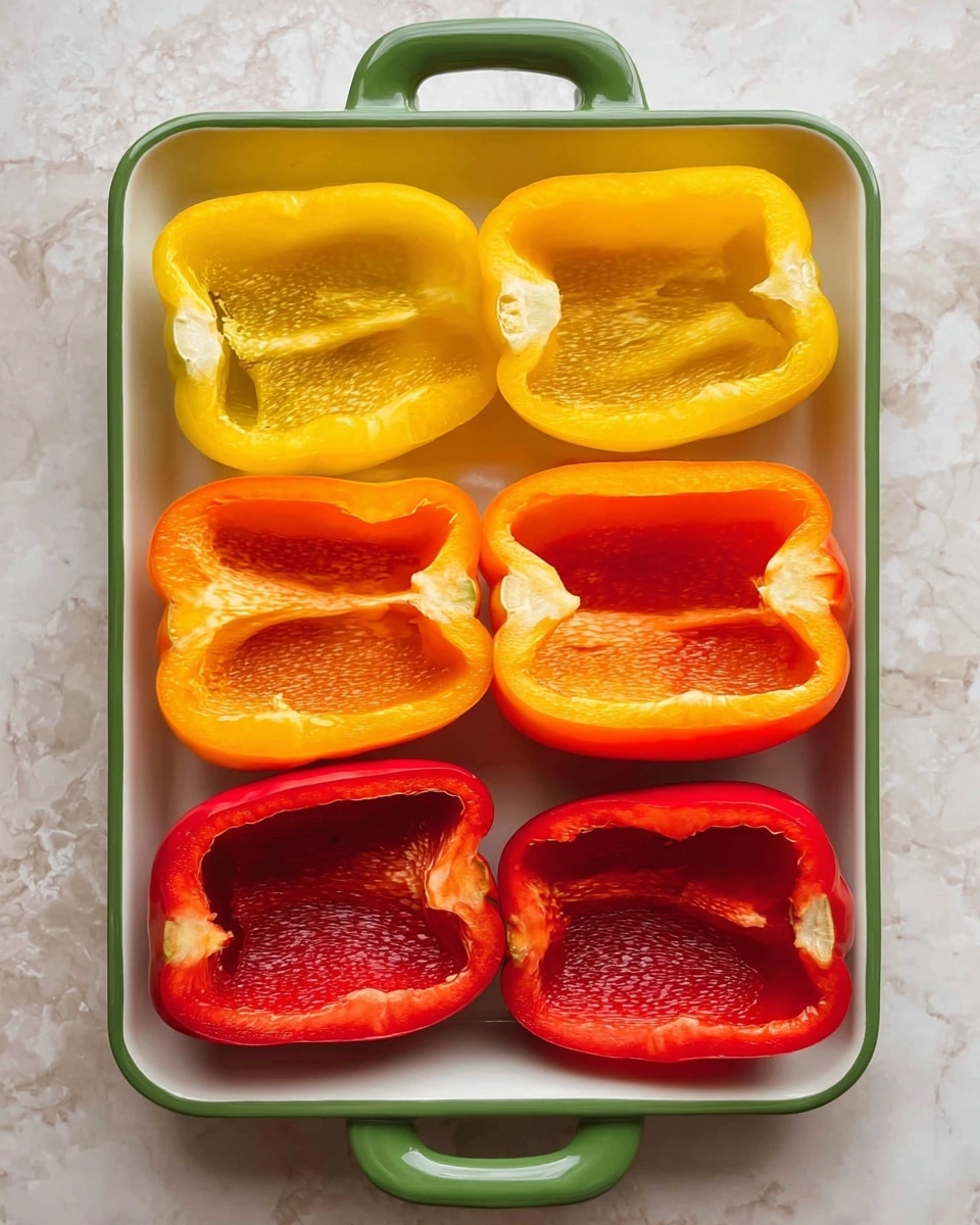 A top view shows four main ingredients arranged on a white marbled surface. At the top left, a small yellow bowl holds bright green peas, with the word