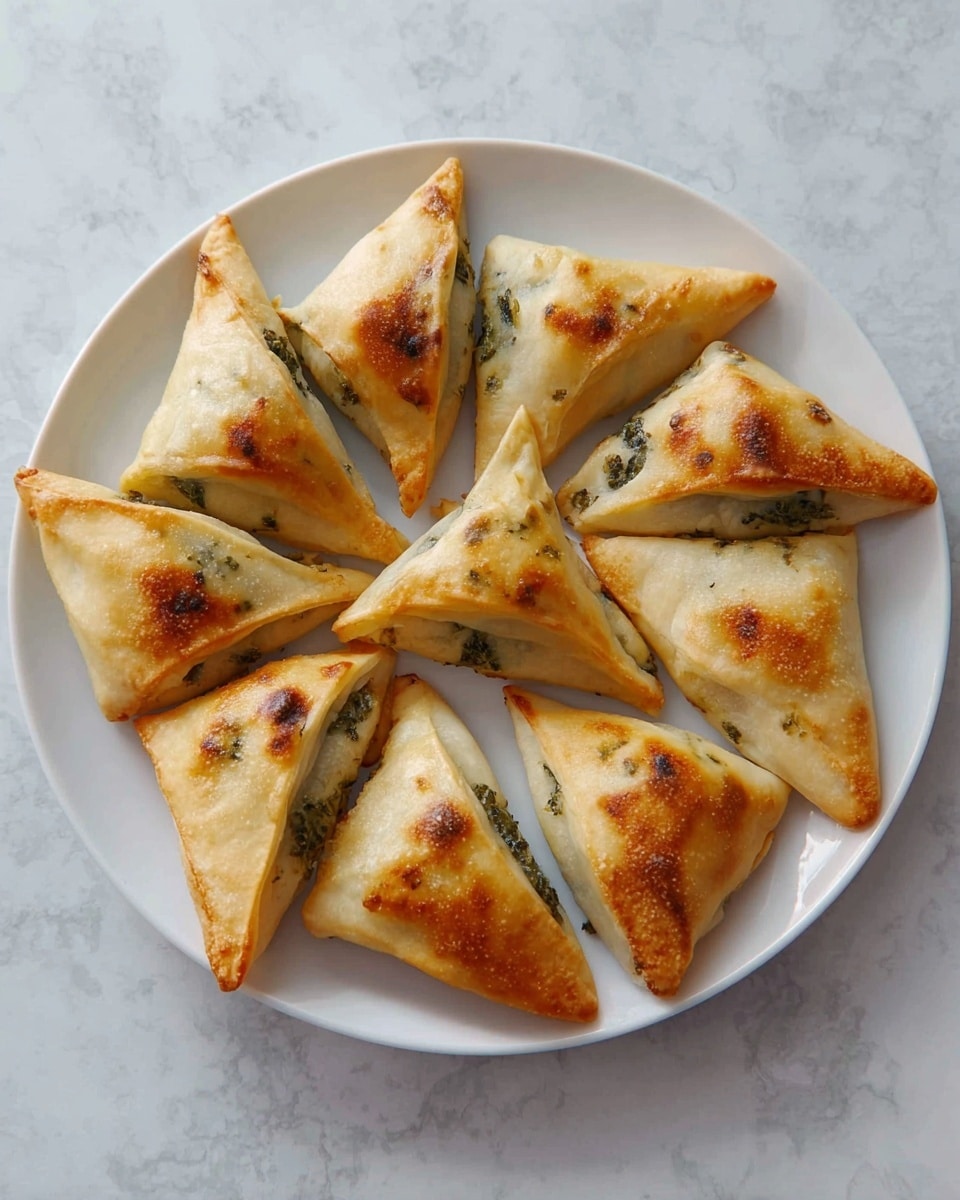 A white plate holds eight triangular pastries arranged in a circular pattern. Each pastry has three sides folded up, creating a pyramid shape with a soft golden brown crust showing light browning spots. The dough is pale beige with some darker filling peeking through tiny gaps at the edges. The plate sits on a white marbled texture background. photo taken with an iphone --ar 4:5 --v 7