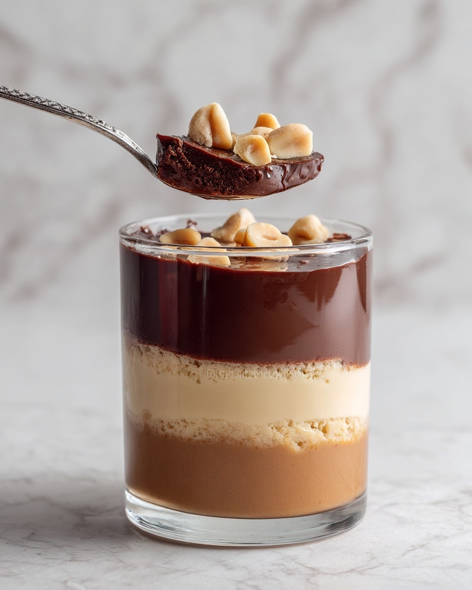 The image shows a glass cup filled with three layers of dessert. The bottom and middle layers are creamy light tan with a smooth, fluffy texture. The top layer is a thick, dark chocolate sauce covering the whole surface, shiny and smooth. On top of the chocolate is a few small pieces of crushed nuts in light beige color. A silver spoon lifts a spoonful from the cup, showing all three layers clearly; the chocolate layer on top with nuts, creamy tan in the middle, and a bit of the bottom layer visible. The glass cup sits on a white marbled surface. Photo taken with an iphone --ar 4:5 --v 7
