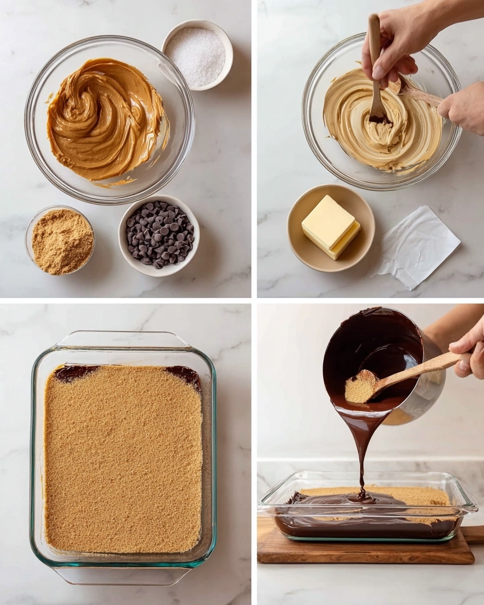 The image shows four steps of making a dessert on a white marbled surface. The first section displays ingredients laid out: a glass bowl with smooth, light brown peanut butter, a smaller white bowl with white powdered sugar, a wooden board holding a block of pale yellow butter and a bowl of light brown graham cracker crumbs, and two glass bowls with dark brown chocolate chips and mini chocolate chips scattered beside them. The second section shows a beige bowl with graham cracker crumbs mixed into a thick, grainy light brown base with a swirl of creamy peanut butter on top, a wooden spoon resting in the bowl. The bottom left section depicts a woman’s hand holding a spoon smoothing a pressed graham cracker crust in a rectangular clear glass dish, while another woman’s hand pours glossy melted dark brown chocolate with a small piece of butter from a silver saucepan onto the base. The bottom right section shows the dark chocolate layer poured evenly over the crust in the clear glass dish, spreading smoothly with a shiny texture. Photo taken with an iphone --ar 4:5 --v 7