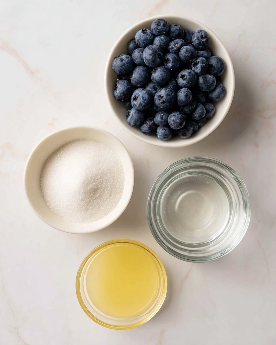 The image shows four small white dishes arranged on a white marbled surface. The top dish is filled with dark blue, plump blueberries that have a slightly shiny texture. Below it and to the left, a white dish holds fine white sugar, smooth and fluffy in appearance. To the right of the sugar, a small clear glass bowl contains pale yellow lemon juice with a liquid, slightly glowing texture. Below the lemon juice, another small clear glass bowl holds transparent water, reflecting light softly. The composition is neat and clean, showing only the ingredients. Photo taken with an iphone --ar 4:5 --v 7