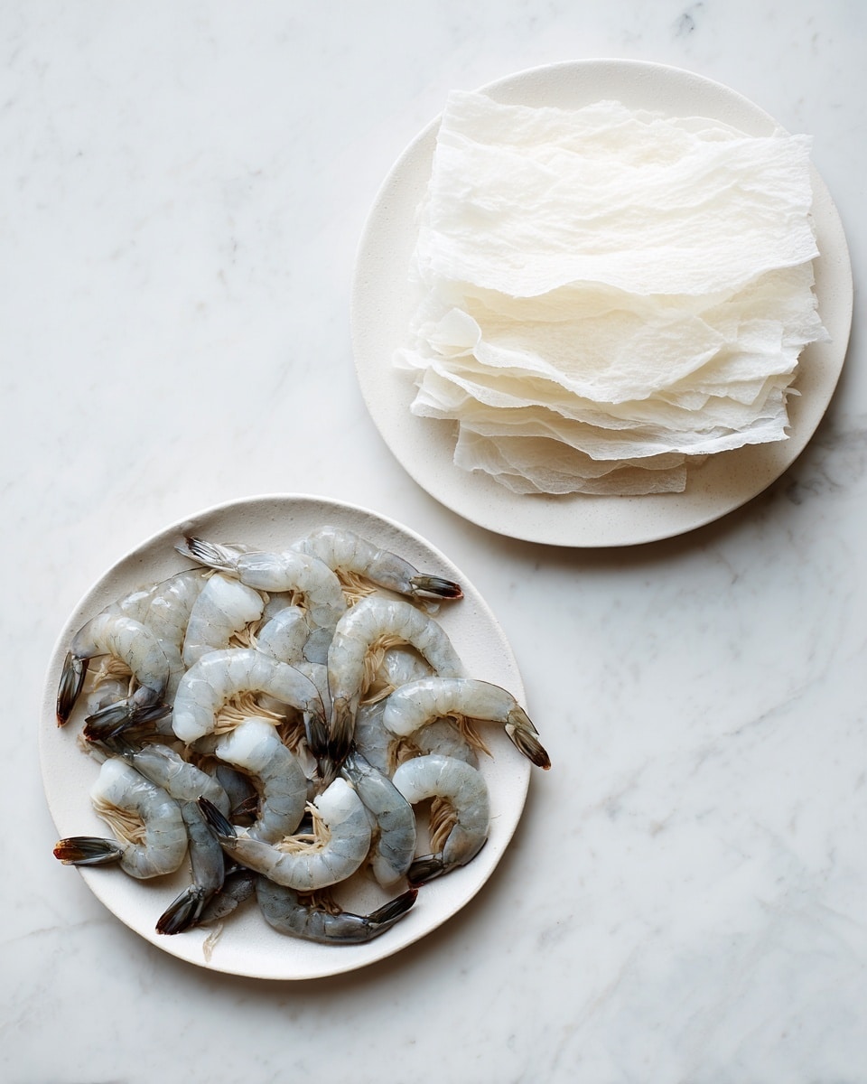 Two white plates are shown on a white marbled surface. The plate on the left holds several raw shrimp with shells on, arranged in a scattered way, showing their grey and light pink colors with some white parts. The plate on the right contains folded white rice noodle sheets stacked in two neat layers, each sheet smooth and slightly translucent. The overall look is simple and clean, emphasizing the fresh ingredients. Photo taken with an iphone --ar 4:5 --v 7