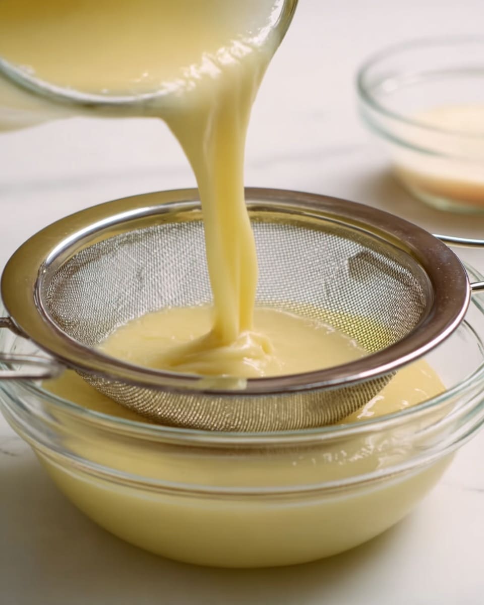The image shows a clear glass bowl below a metal mesh sieve, placed on a white marbled surface. A creamy, pale yellow liquid is being poured from another clear container through the sieve, gently filtering into the bowl below. The scene captures the smooth liquid flowing in a thick stream as it fills the sieve. The surrounding area is softly lit, keeping all focus on the glass bowl, metal sieve, and the flowing cream with no other objects interrupting the clean white marbled background. photo taken with an iphone --ar 4:5 --v 7