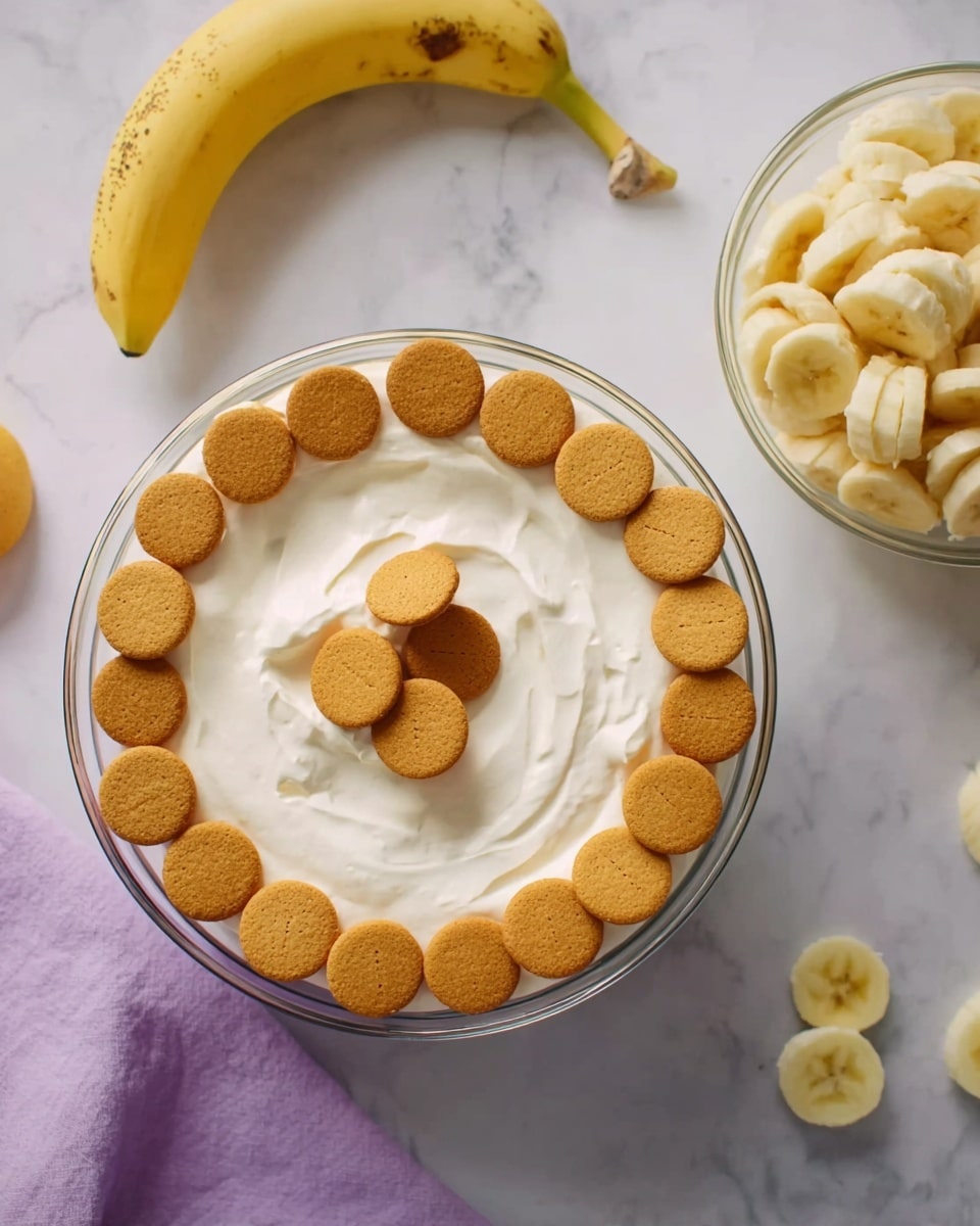 A clear glass bowl shows a dessert with two layers: the bottom layer is white whipped cream, smooth and fluffy, and on top is a layer of round, golden brown cookies arranged in a circle covering the edges and a few scattered in the middle. To the right, a smaller clear glass bowl holds sliced yellow bananas with soft texture. The background is a white marbled surface with a whole yellow banana and a folded light purple cloth near the bowls. photo taken with an iphone --ar 4:5 --v 7