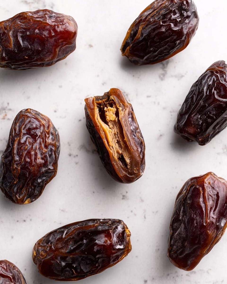 The image shows several dark brown dates scattered on a white marbled surface, each date having a shiny and wrinkled outer skin. One date in the center is split open, revealing a lighter, sticky interior with a soft texture. The overall look is natural and simple with no extra decorations or layers, focusing on the smooth and moist texture of the dates. photo taken with an iphone --ar 4:5 --v 7