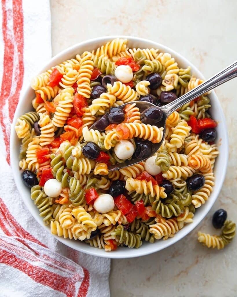 Easy Pasta Salad with Tri-Color Rotini, Fresh Vegetables, and Zesty Italian Dressing Recipe