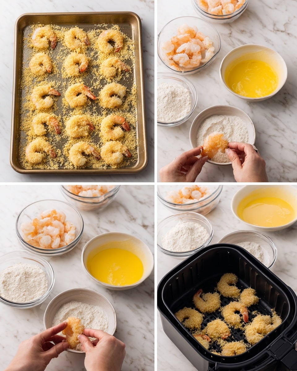 The image shows a step-by-step process of making breaded shrimp. At the top left, peeled shrimp are placed on a baking tray covered with a layer of light yellow breadcrumb coating, arranged in three rows. Surrounding the tray are three bowls on a white marbled surface: raw shrimp in one, beaten yellow egg mixture in another, and white flour in the third. The following close-ups show a woman’s hand first dipping a shrimp into the white flour, then into the egg mixture, and finally coating it with breadcrumbs, all held above the white marbled surface with the three bowls visible in the background. The last two images show the shrimp arranged inside a black air fryer basket first before cooking with a pale breadcrumb layer and then after cooking turned golden brown and crispy. Photo taken with an iphone --ar 4:5 --v 7