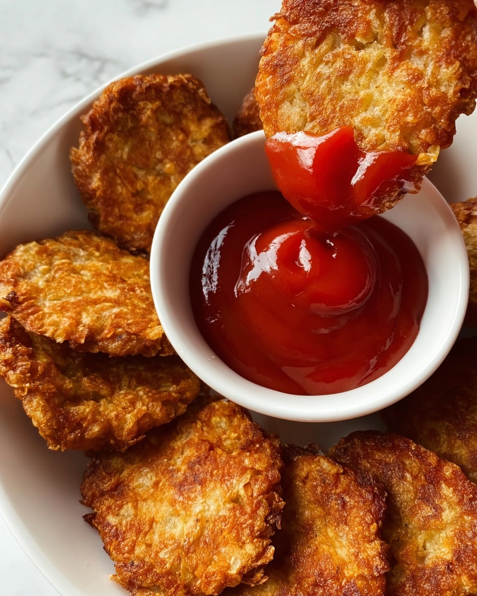 A white bowl filled with smooth, bright red ketchup sits at the center of the image. Surrounding the bowl are several golden brown fried patties with a rough, crispy texture. A woman's hand is holding one patty, dipping it into the ketchup, showing the contrast between the crunchy, uneven surface of the patty and the glossy, thick sauce. The scene is set on a white marbled surface, emphasizing the colors and textures of the food. photo taken with an iphone --ar 4:5 --v 7