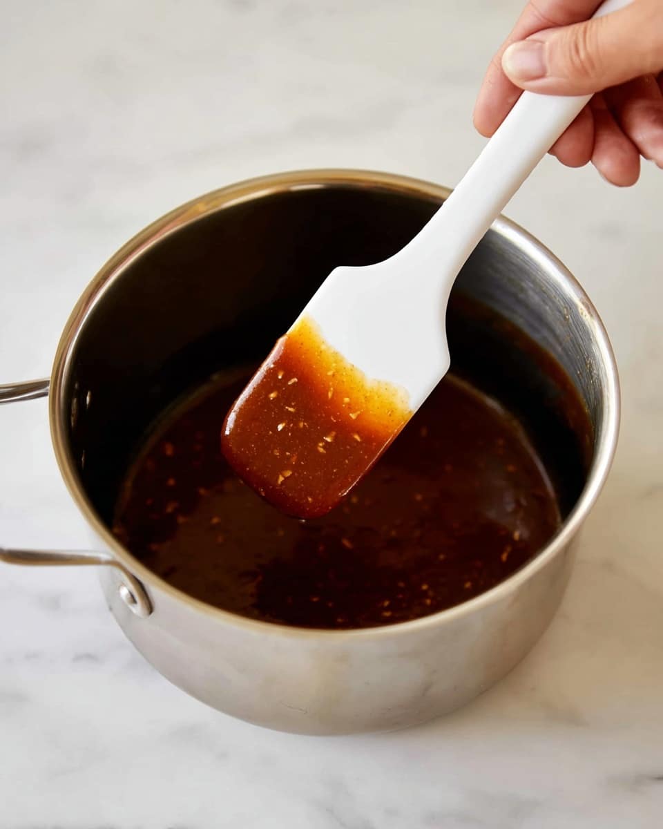 A stainless steel pot is filled with a dark brown sauce inside. A white silicone spatula is held by a woman's hand and dipped into the sauce, coating one side with a glossy, thick, brown layer that has small bits in it. The pot is placed on a white marbled surface with soft natural light highlighting the smooth texture of the sauce and the shiny metal of the pot. photo taken with an iphone --ar 4:5 --v 7