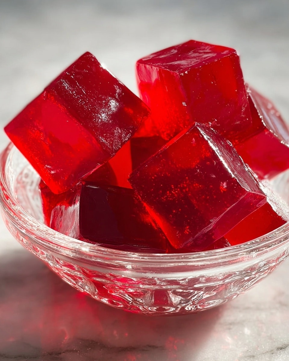 The image shows a clear glass bowl filled with shiny red jelly cubes, each cube having a smooth top and slightly textured sides. The bowl is on a white marbled surface with a few jelly cubes placed outside it. To the right of the bowl, there are three thin yellow lemon slices stacked slightly on top of each other. The scene is bright with soft light that highlights the jelly's glossy, translucent texture. photo taken with an iphone --ar 4:5 --v 7