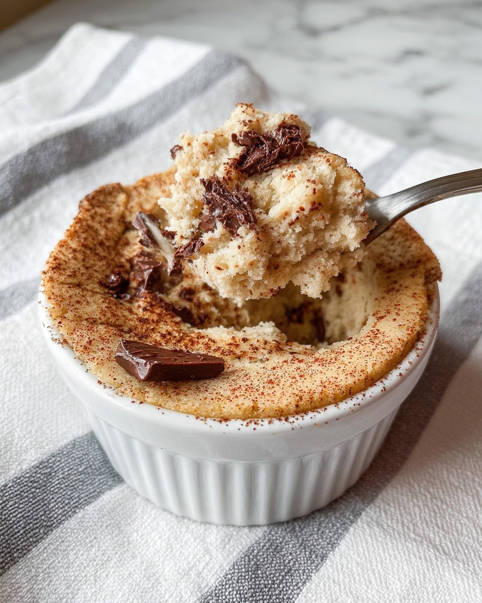 A small white ramekin holds a soft, light beige baked dessert with a slightly cracked top sprinkled with cinnamon. There are several dark brown chocolate chunks partly melted on the surface. A spoon is lifting a fluffy, crumbly scoop from the center, showing a mix of the creamy beige base and melted chocolate. The ramekin sits on a white and gray striped cloth, with a white marbled surface behind it. Photo taken with an iphone --ar 4:5 --v 7