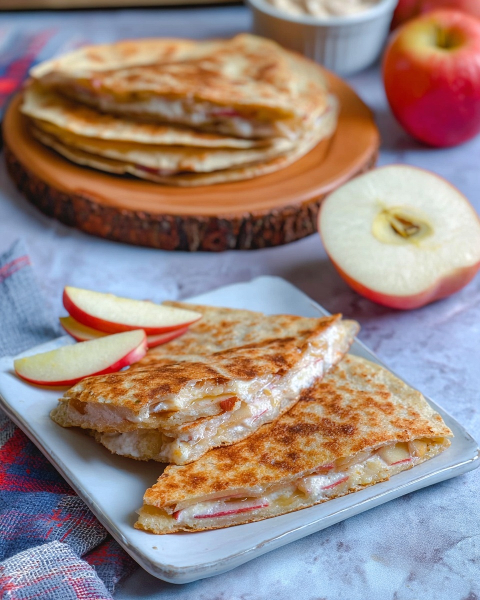 A three-layered folded tortilla quesadilla with a dusting of light brown cinnamon sugar on top rests on a round wooden board with bark edges. Between each white, thin, soft tortilla layer are evenly spaced slices of red apple with smooth skin and creamy white flesh. In the background, a half cut apple showing its pale yellow inside is placed on a white marbled surface, along with small clear bowls of white and brown shredded ingredients. photo taken with an iphone --ar 4:5 --v 7