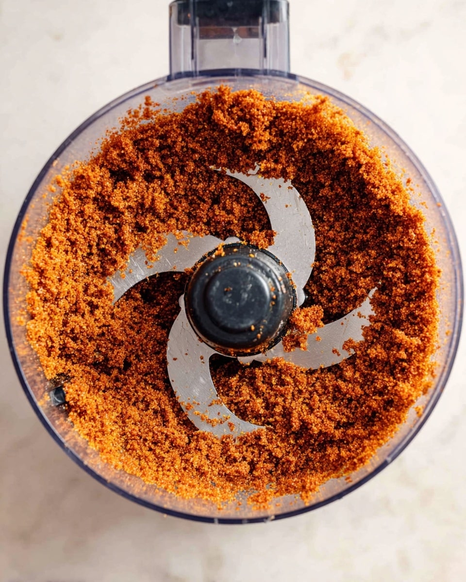 A clear food processor bowl filled with evenly ground reddish-brown crumbs that cover the bottom and the sides. Inside the bowl is a sharp metal blade with two curved arms, positioned in the center, which has bits of crumbs stuck on it. The background is a white marbled surface. photo taken with an iphone --ar 4:5 --v 7