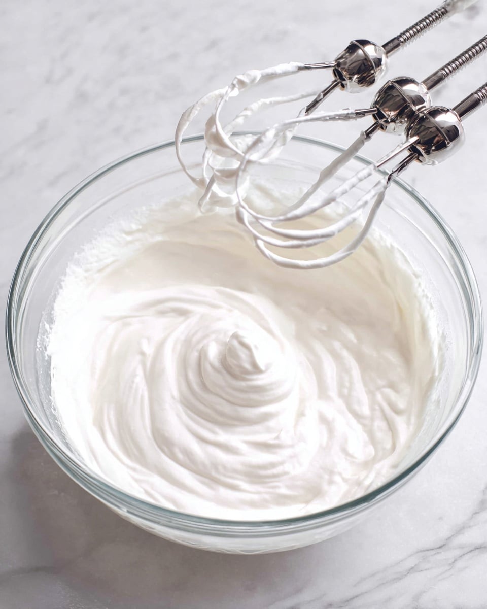 A clear glass bowl filled with smooth, thick, white whipped cream showing soft peaks and gentle swirls on the surface. Above the bowl, two shiny metal beaters coated with the same creamy white texture hang, indicating the cream has just been whipped. The bowl sits on a white marbled surface with soft lighting highlighting the creamy texture. photo taken with an iphone --ar 4:5 --v 7
