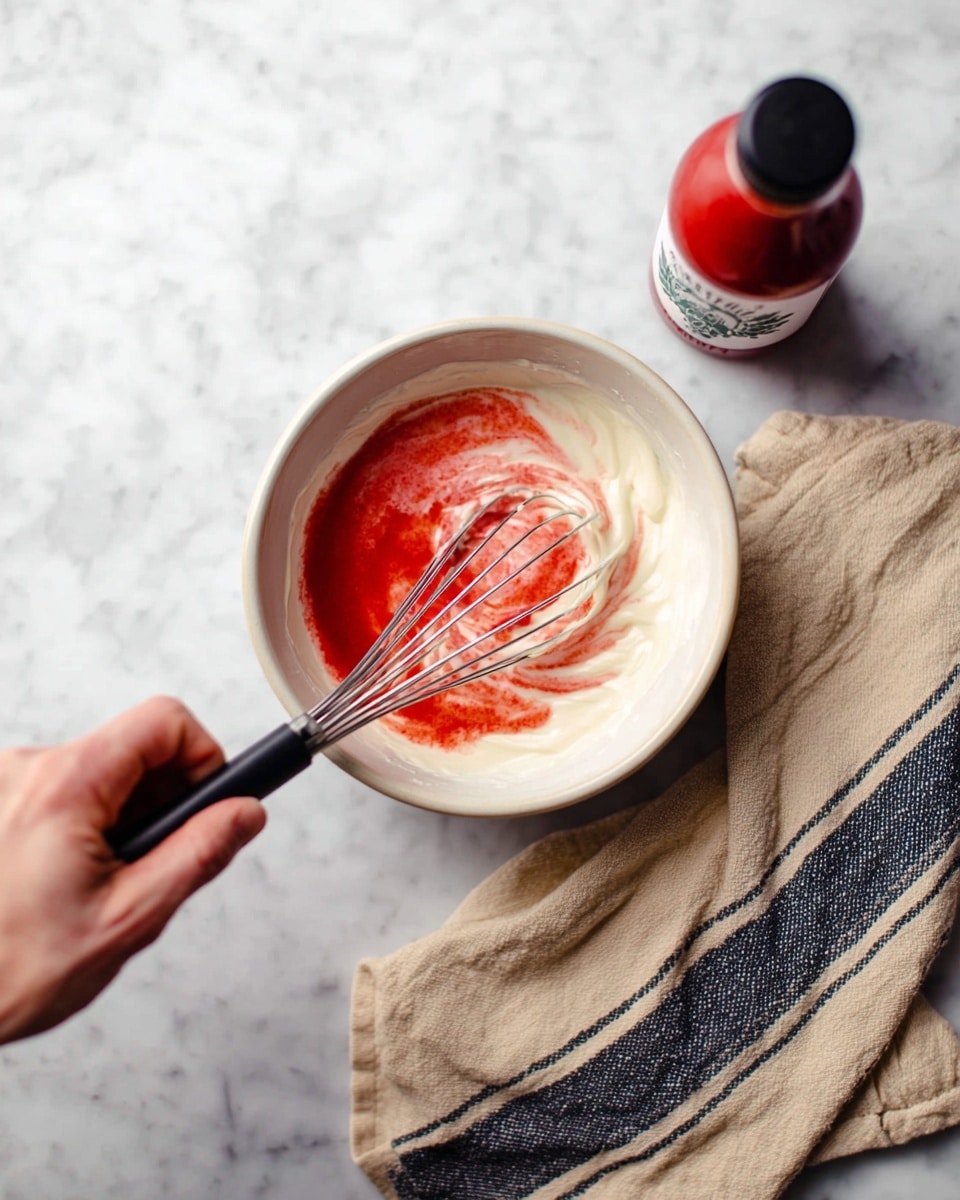 A white bowl sits on a white marbled surface, filled with a thick white creamy layer mixed with a bright red sauce. The mixture is being whisked by a woman's hand holding a whisk with a black handle. To the right of the bowl, there is a red sauce bottle and a beige cloth with dark blue stripes lying slightly crumpled. Photo taken with an iphone --ar 4:5 --v 7