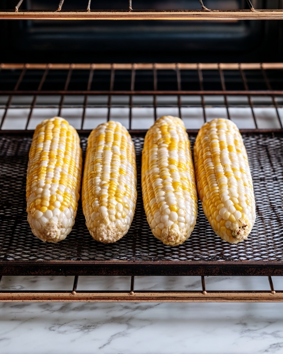 The image shows four ears of corn placed side by side on a black metal grill rack inside an oven. The corn kernels are a mix of bright yellow and pale cream colors, arranged in neat rows all over each ear. The ends of the corn are slightly uneven but still full of kernels. The metal grill rack has a mesh pattern with a bronze edge. The oven interior is clean, and the front glass door is visible with a caution label at the bottom. The surface below the oven is a white marbled texture. photo taken with an iphone --ar 4:5 --v 7