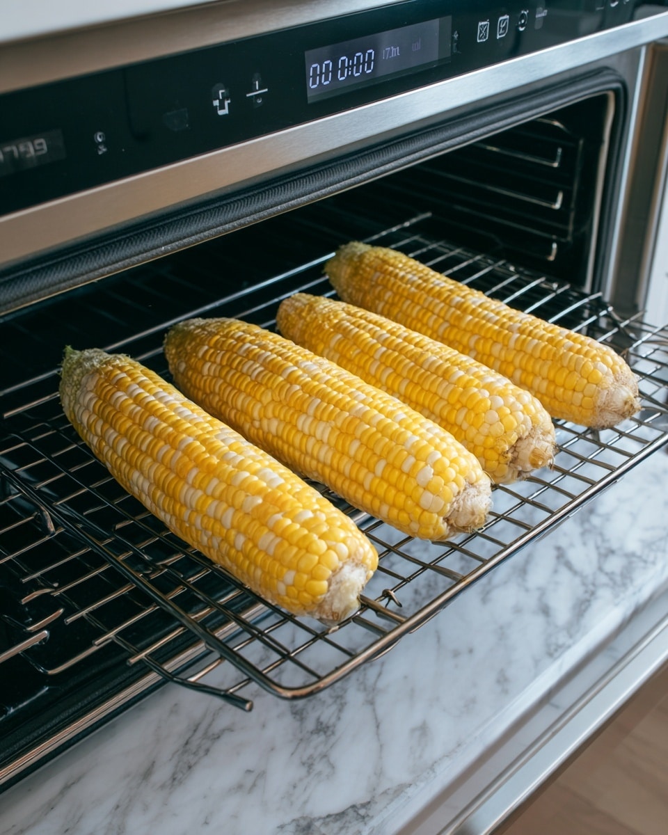 Four cobs of yellow corn with light yellow and white kernels are placed side by side on a black metal wire tray inside a silver oven. The oven door is open slightly, showing a white marbled countertop below. The oven display shows a timer at 0:08 and a temperature of 400°F. Photo taken with an iphone --ar 4:5 --v 7