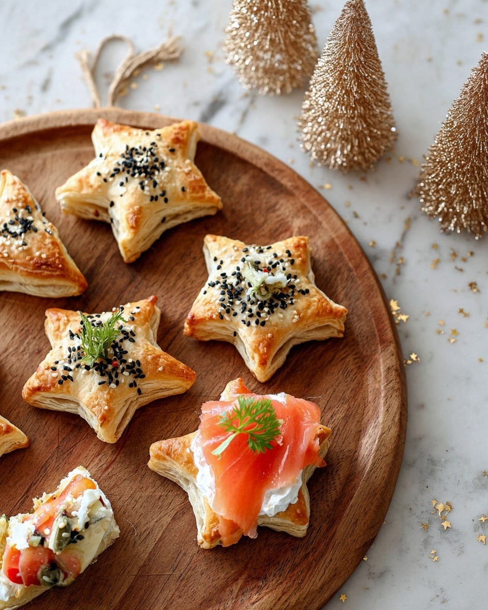 The image shows a ring of star-shaped sandwiches on a round wooden board with a handle. Each sandwich has two golden-brown pastry star layers, topped with black and white sesame seeds. Between the pastry layers are thin slices of pink salmon and green herbs, giving a fresh contrast to the warm pastry. A red and green plaid ribbon is tied around one of the sandwich stars, adding a festive touch. The board is set on a white marbled surface, with some shiny golden decorative items and a pink candle in the background. photo taken with an iphone --ar 4:5 --v 7