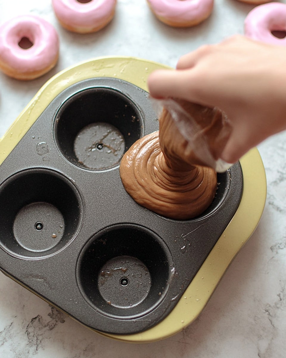 A woman's hand is squeezing a bag filled with brown batter, swirling it into a round mold of a black cooking pan. The pan has four circular cavities with small raised centers, set in a light yellow base that shows some scratches. In the soft-focus background, there are small round donuts with light pink glaze on a white marbled surface. The scene captures the moment of batter being shaped for donuts. Photo taken with an iphone --ar 4:5 --v 7